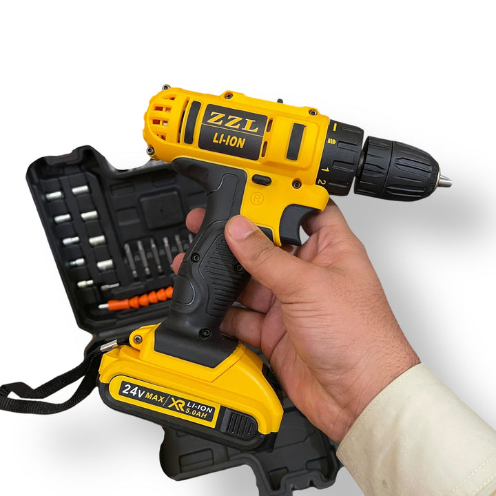 Yellow and black 24v drill kit with case and accessories, imported 24v drill for DIY projects