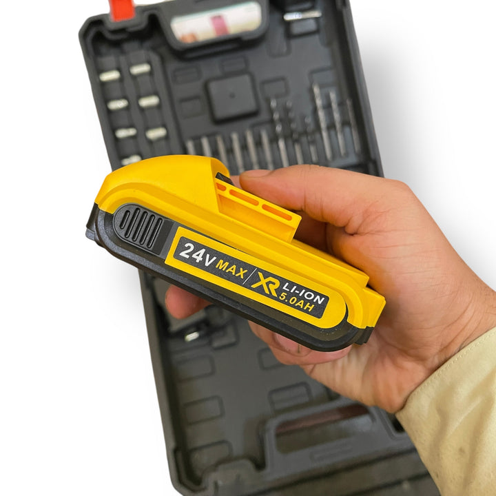 Yellow and black cordless tool battery pack for 24v drill kit with case and accessories