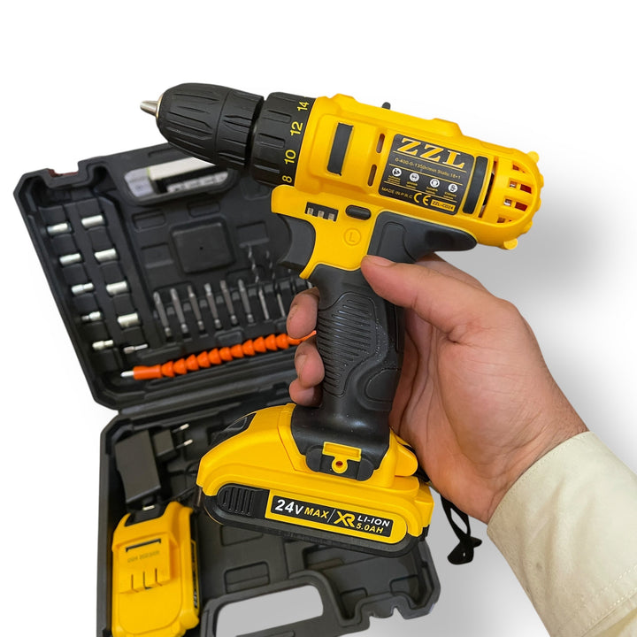 Yellow and black 24v drill kit with case and accessories for imported 24v drill users