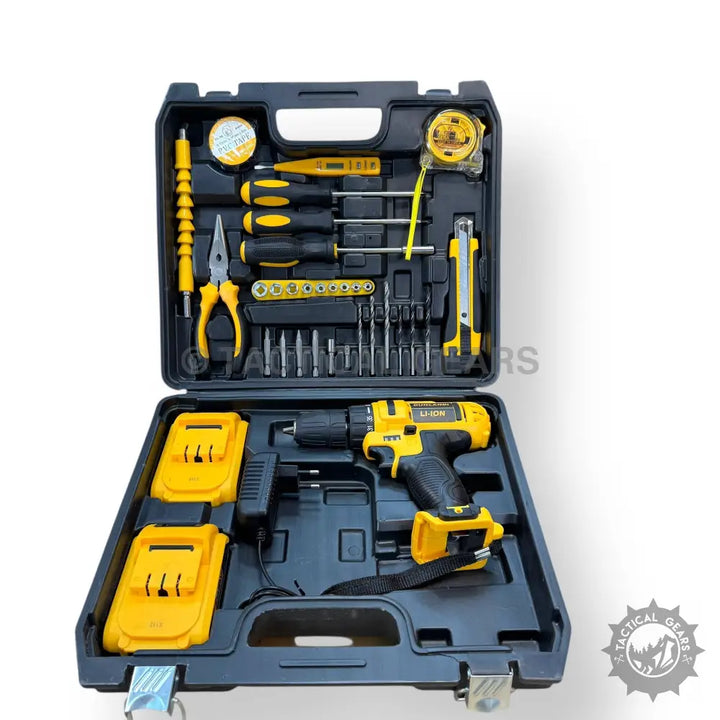 Black and yellow 24V drill machine with tool set and case for versatile DIY projects