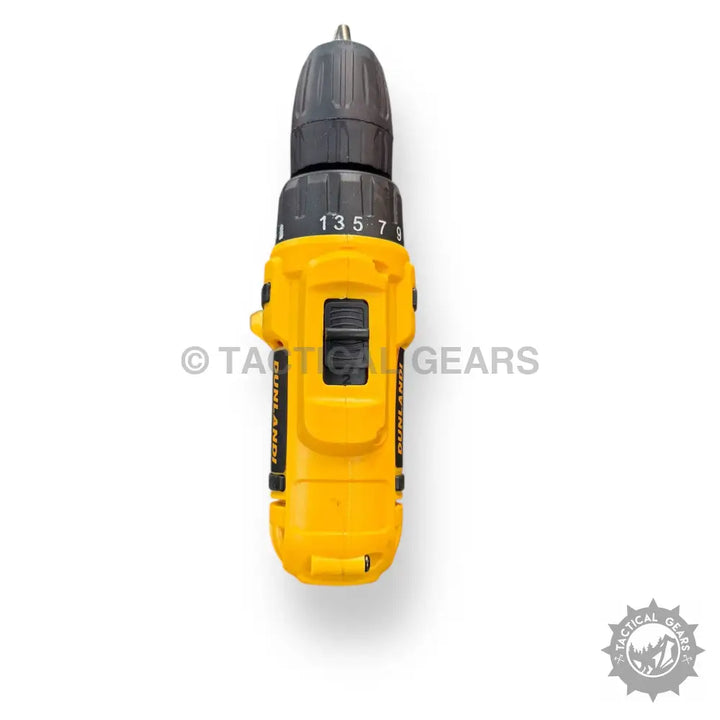 Yellow and black 24V drill machine with chuck and clutch settings in a tool set case