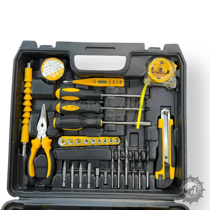 Black plastic toolbox with yellow and black hand tools for 24V Drill Machine and drill projects