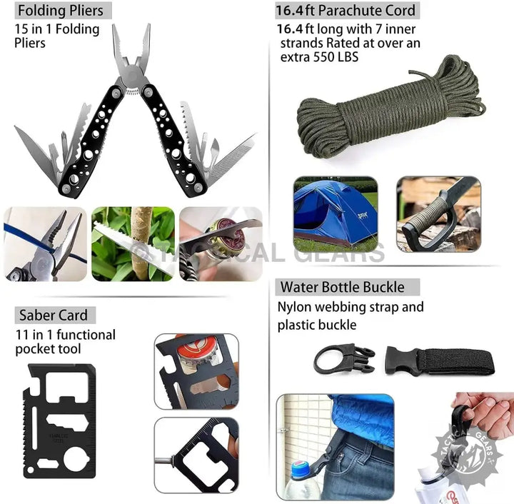 Outdoor tactical survival gear kit with multi-functional tools for emergency preparedness