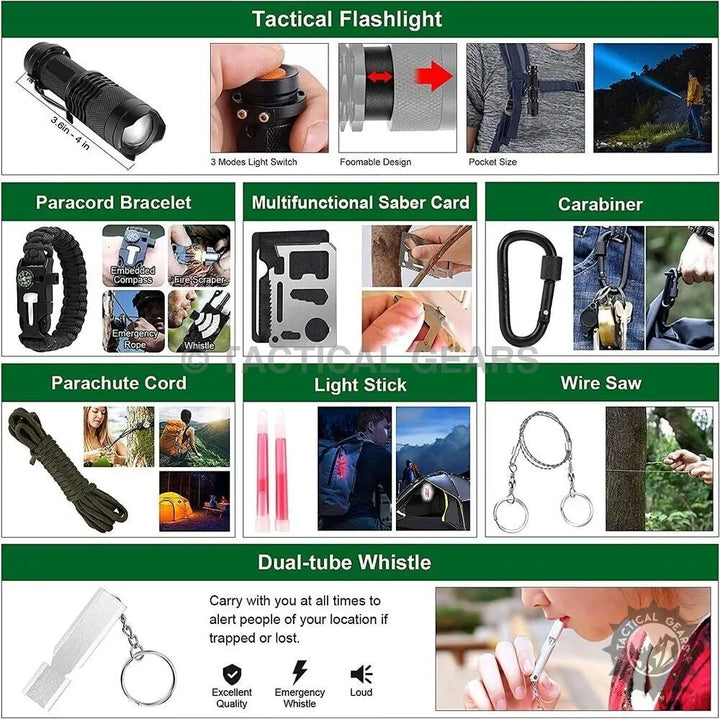 Tactical survival gear kit with flashlight, paracord bracelet, saber card, carabiner, and more