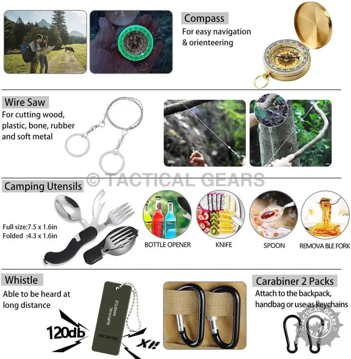 Tactical survival gear kit with compass wire saw multi-tool whistle and carabiners