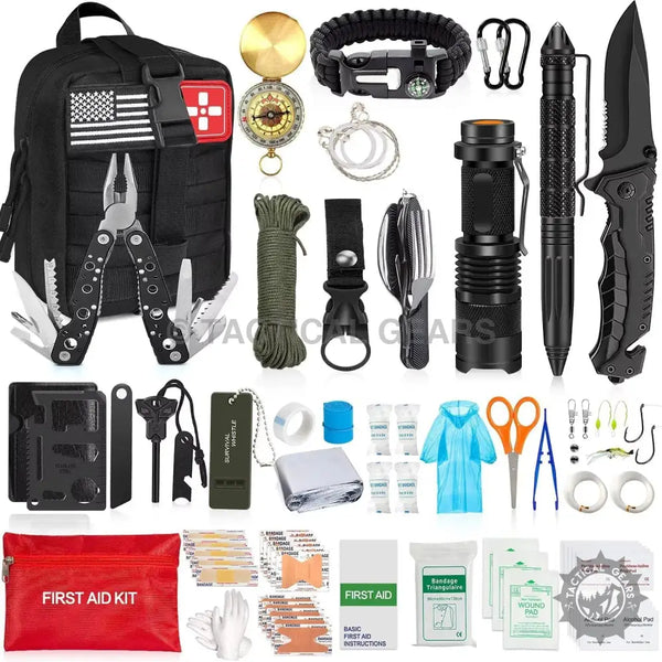Tactical survival gear kit with tools, first aid supplies, and outdoor equipment