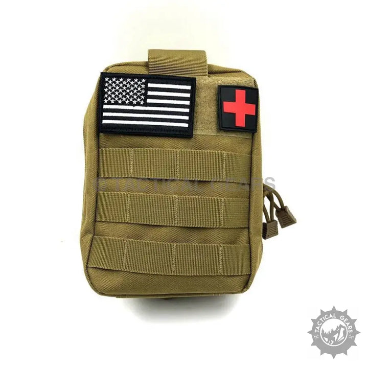 Tan MOLLE pouch with American flag and Red Cross patch for 25-in-1 tactical survival gear
