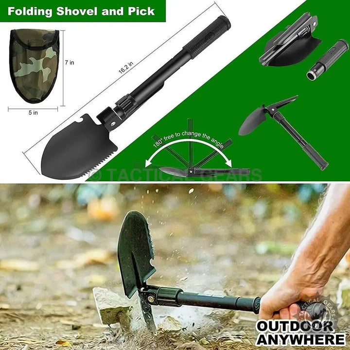 Multi-functional folding shovel and pick with serrated edge in 25-in-1 tactical survival gear kit