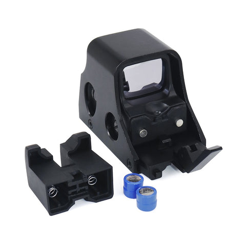 Disassembled Black 551 Holographic Red Dot Sight with external battery compartment and blue batteries