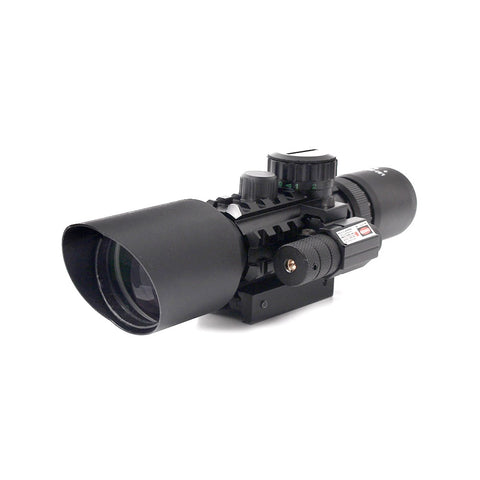 Black rifle scope with laser sight and rail mount for accurate reticle rifle shooting