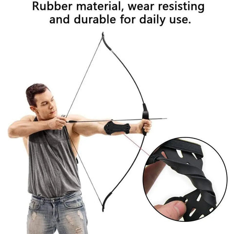 Wear-resisting durable rubber arm guard for archery protection on female archer with bow