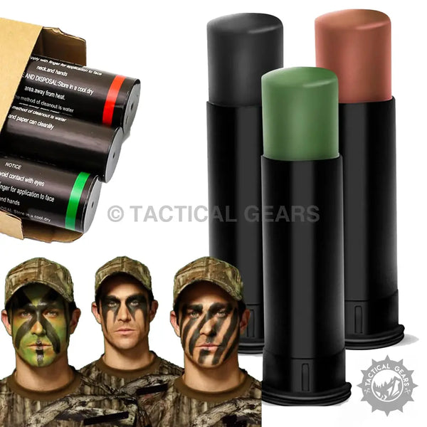 Camouflage face paint sticks in black green and brown with various face paint applications