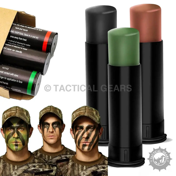 Camouflage face paint sticks in black green and brown with various face paint applications