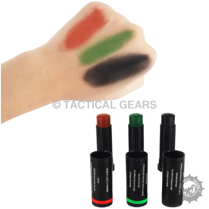 Camouflage face paint sticks in red green and black for face painting and camouflage looks