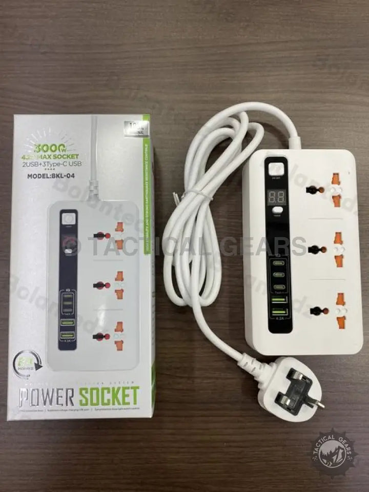 White power strip with universal outlets USB ports and digital display for devices