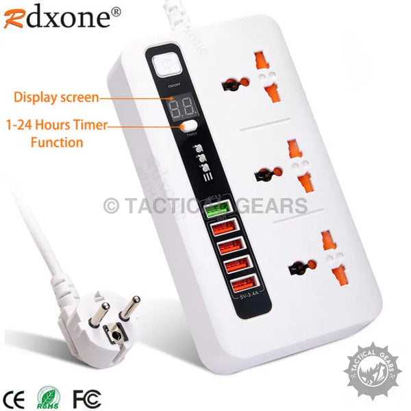 White power strip with universal outlets, USB ports, digital display, and timer for devices