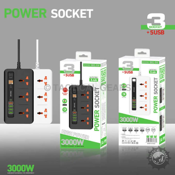 Power socket with 3 universal outlets and 5 USB ports for multiple devices and power