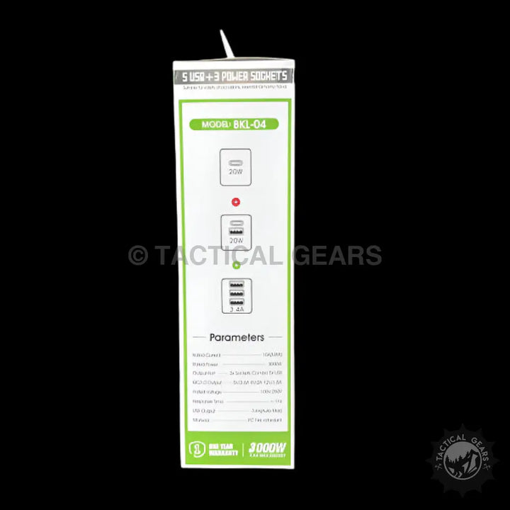 White power strip with 5 USB ports and 3 sockets for devices, 20W USB-C power