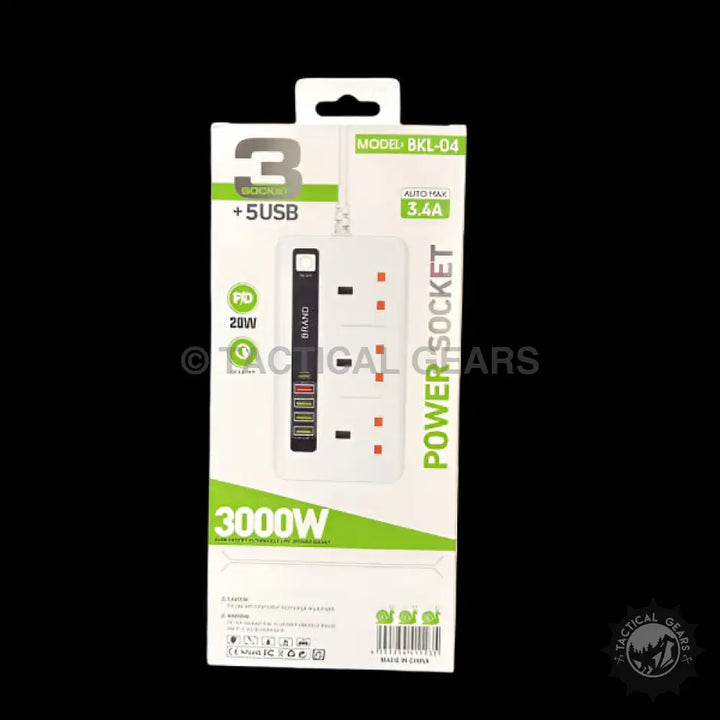 White power strip with three sockets and five USB ports for multiple devices and power needs