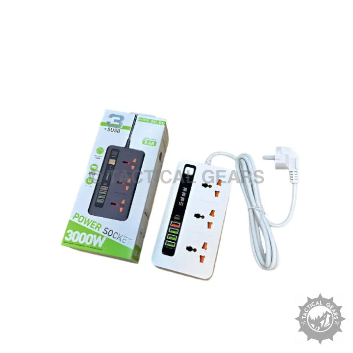 White power strip with universal sockets and USB ports for multiple devices and power needs