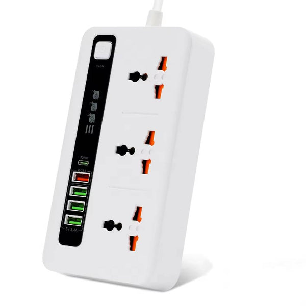White 3 Way Extension Lead with Socket PD 20W and USB Ports for Fast Charging