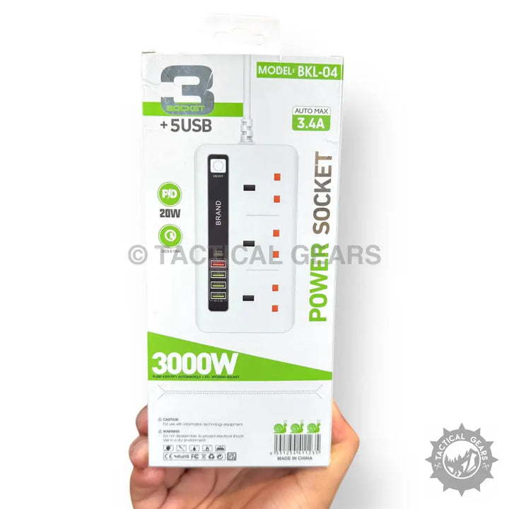 White 3 Way Extension Lead with Socket PD 20W and 5 USB Ports for fast charging