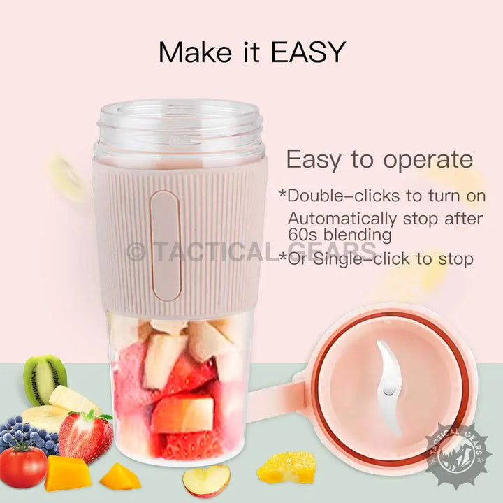 Portable blender with a pale pink casing, ideal for smoothies on the go