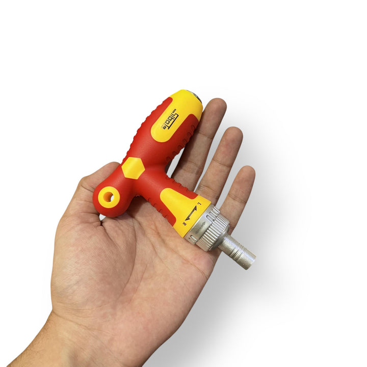 Red and yellow T-handle ratchet screwdriver from 33 Pcs Screwdriver Kit with Case