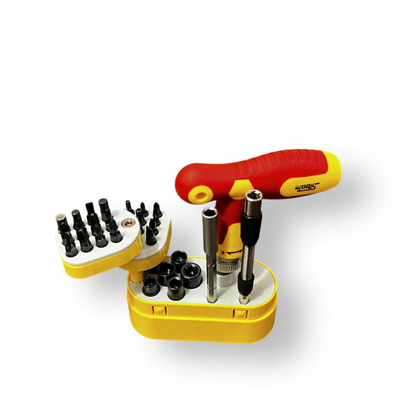 Vibrant red and yellow T-handle screwdriver kit with interchangeable bits and sockets