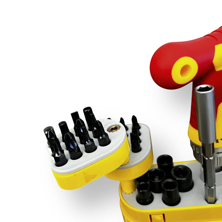 Yellow and red multi-bit screwdriver set with interchangeable bits in a 33 pcs screwdriver kit
