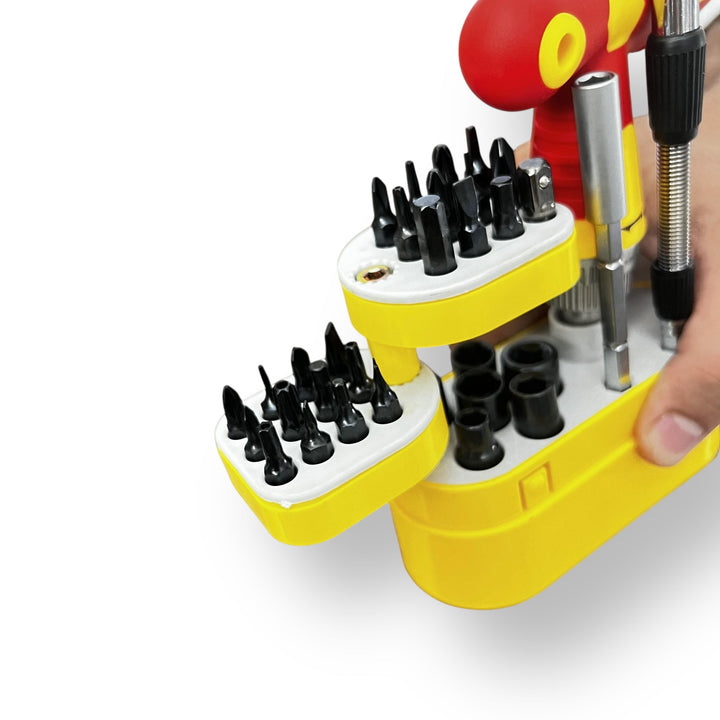 Yellow and white multi-bit screwdriver kit with interchangeable bits in a case, 33 pcs screwdriver kit