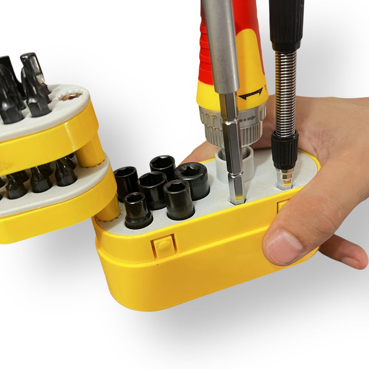 Yellow screwdriver kit with interchangeable bits and sockets, 33 pcs screwdriver kit lot imported