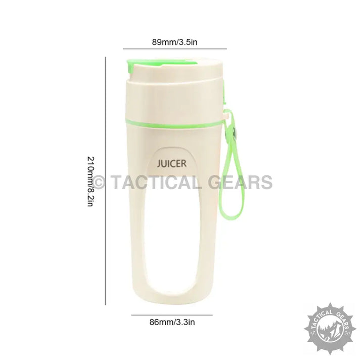 Portable cream-colored 340ml citrus juicer machine with green accents and carrying strap