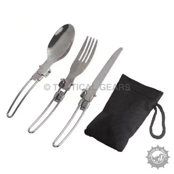 Foldable camping hiking cutlery set with spoon, fork, knife in black pouch