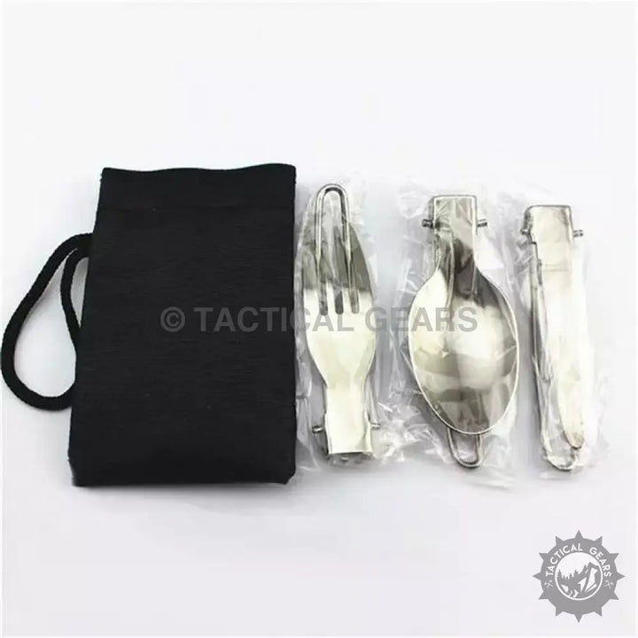 Foldable stainless steel cutlery set for camping hiking, includes fork, spoon, knife with pouch