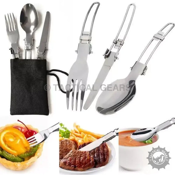 Portable foldable stainless steel cutlery set with storage pouch for camping hiking and picnics