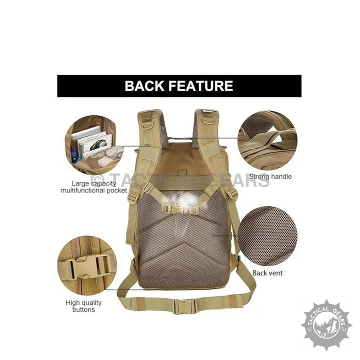 Tan military tactical assault pack with 40L large capacity and adjustable features