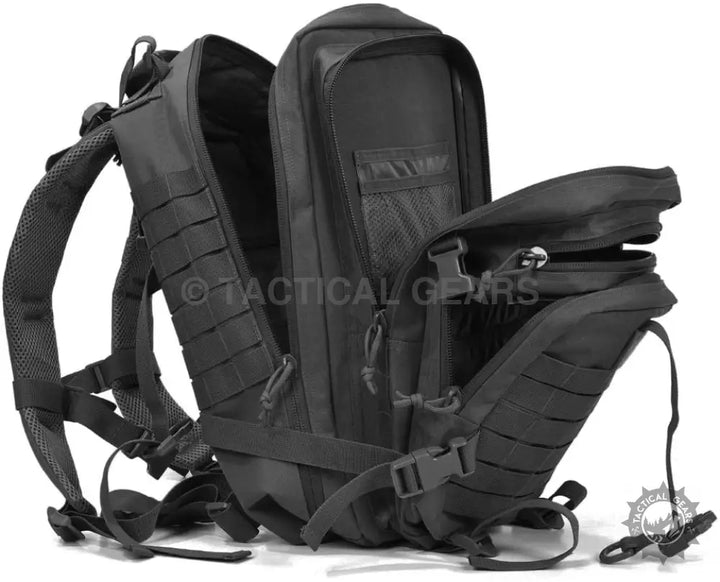 Black military tactical assault pack with 40L large capacity and MOLLE webbing