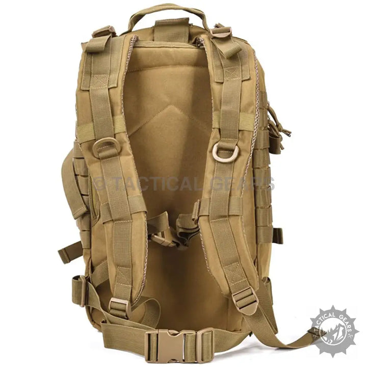 Tan tactical assault pack with padded straps and waist belt, 40L large capacity military tactical backpack