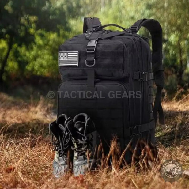 Black military tactical assault pack with American flag patch and boots, 40L large capacity
