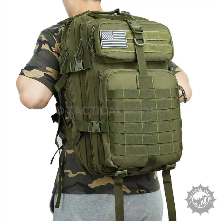 Olive green 40L large capacity military tactical assault pack with MOLLE webbing and American flag patch