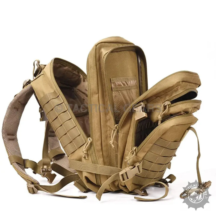 Open tan military tactical assault pack with multiple compartments and 40L large capacity