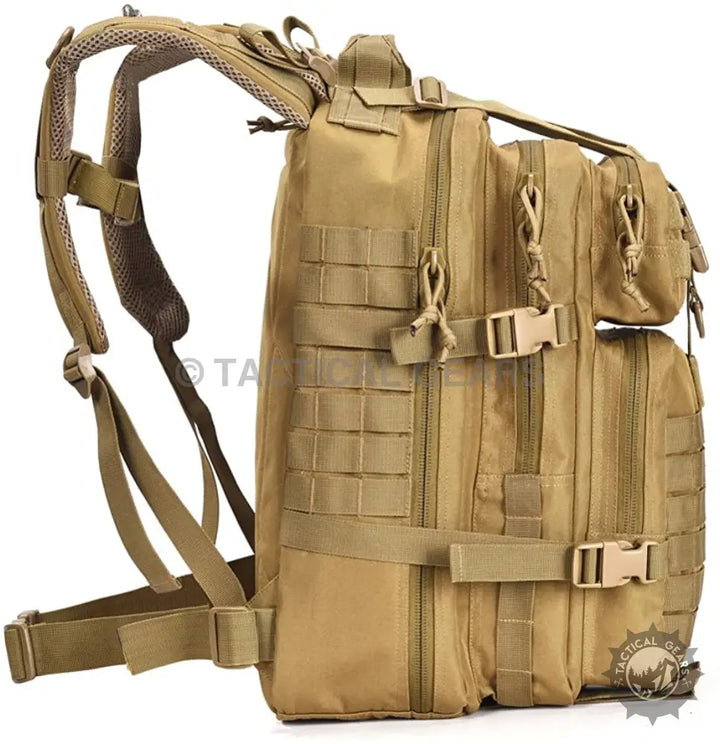 Tan military tactical assault pack with 40L large capacity, MOLLE webbing, and adjustable straps