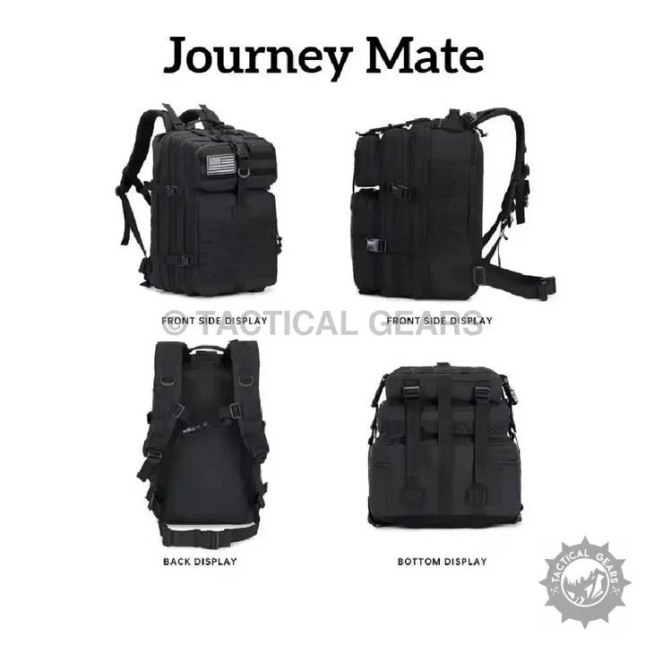 Black Assault Backpack with 40L large capacity, military tactical design, multiple views