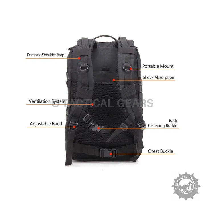 Black military tactical assault pack with 40L large capacity, adjustable straps, and shock absorption