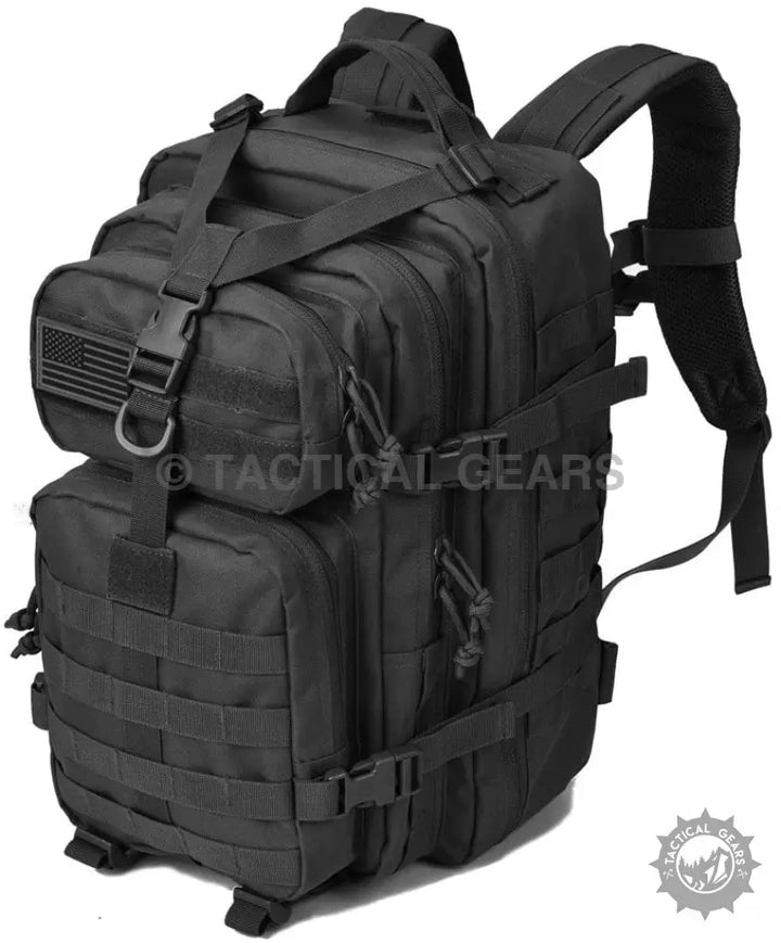 Black tactical assault pack with MOLLE webbing, American flag patch, 40L large capacity
