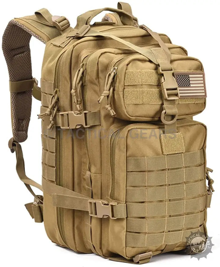 Tan tactical assault pack with MOLLE webbing, American flag patch, 40L large capacity