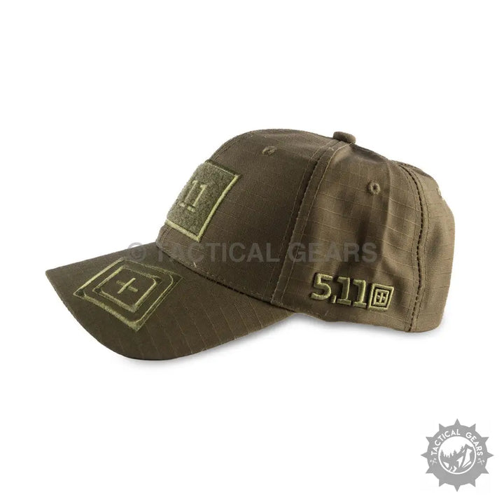 Olive green camo baseball cap with embroidered logos from 5.11 P Cap collection