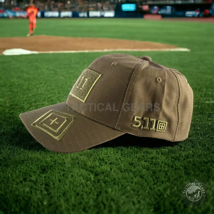 Brown 5.11 P cap with embroidered logos and camo accents for a stylish look