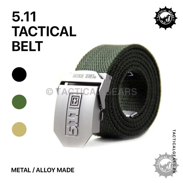Dark green 5.11 Tactical Belt with metal belt buckle available in black, olive green, and tan